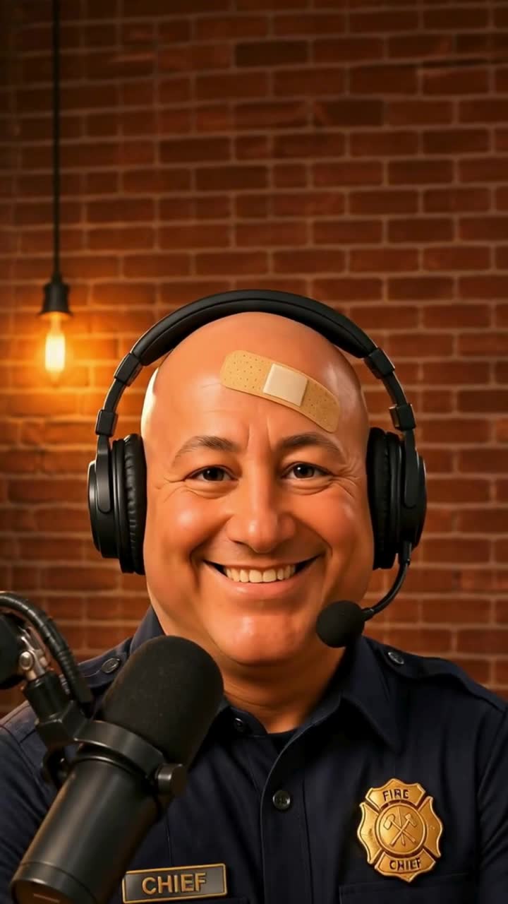 Cartoon of Chief Chuck in uniform with a headset, smiling at a studio microphone
